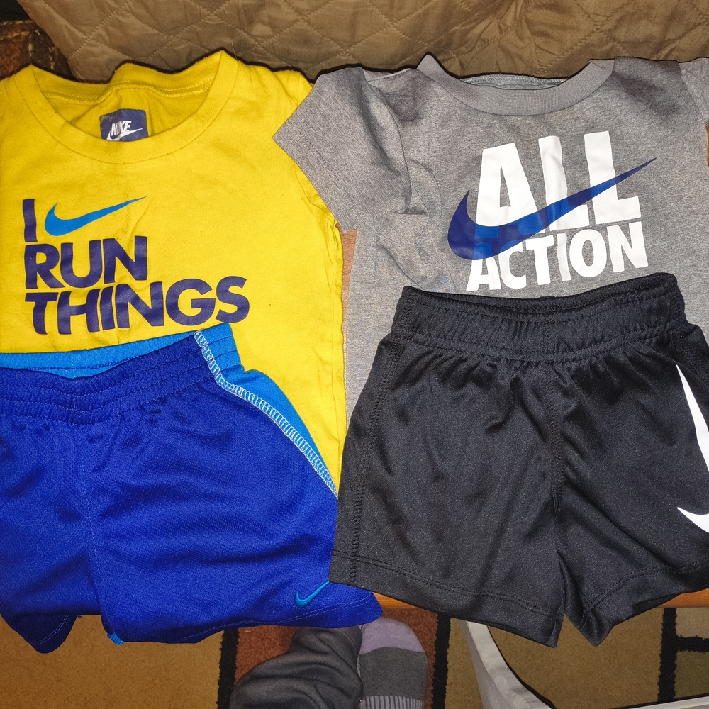 Nike Kids' Yellow and Gray Graphic Tees with Blue and Black Shorts